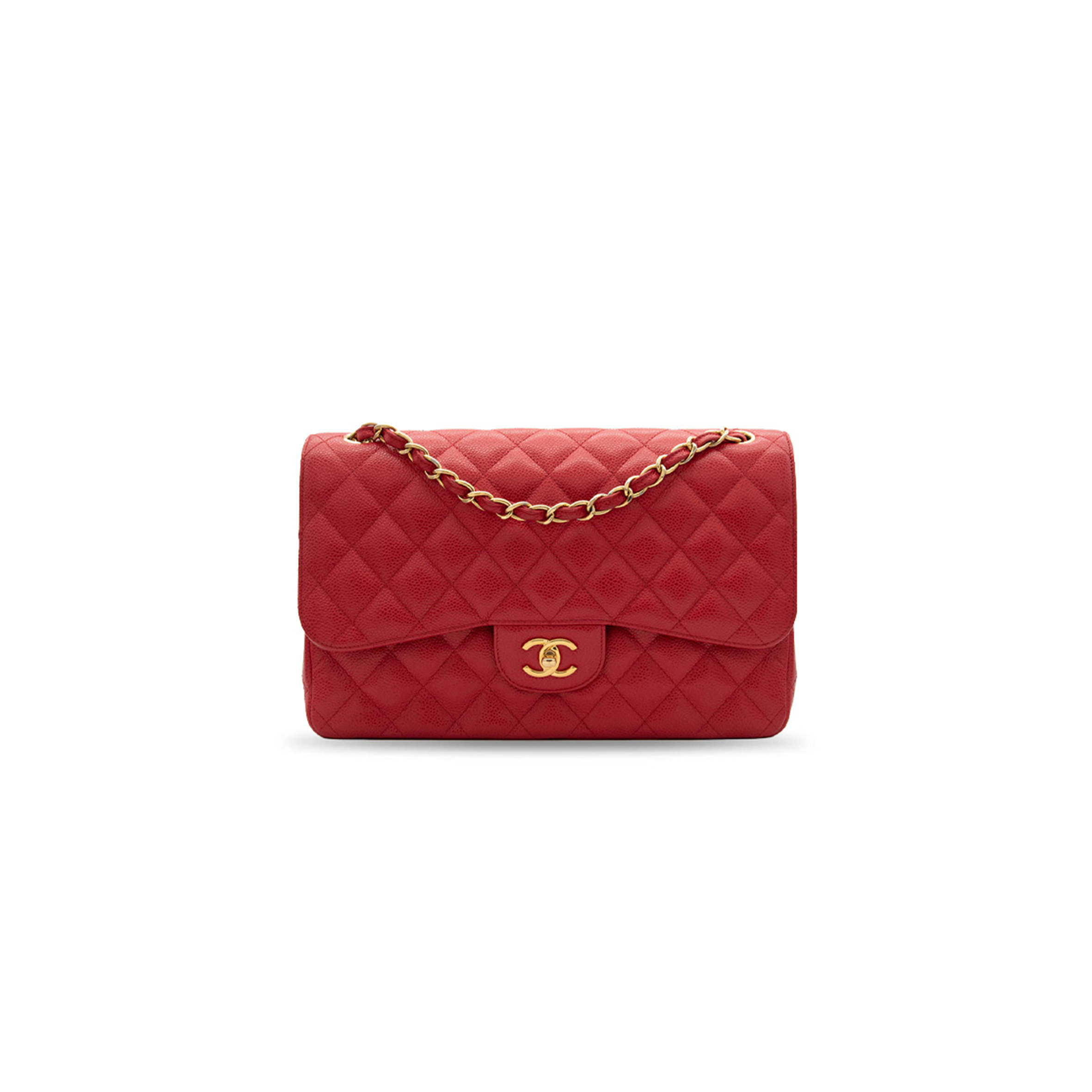CHANEL JUMBO CLASSIC DOUBLE FLAP BAG RED SHINY CAVIAR GOLD HARDWARE (30*20*9cm)
